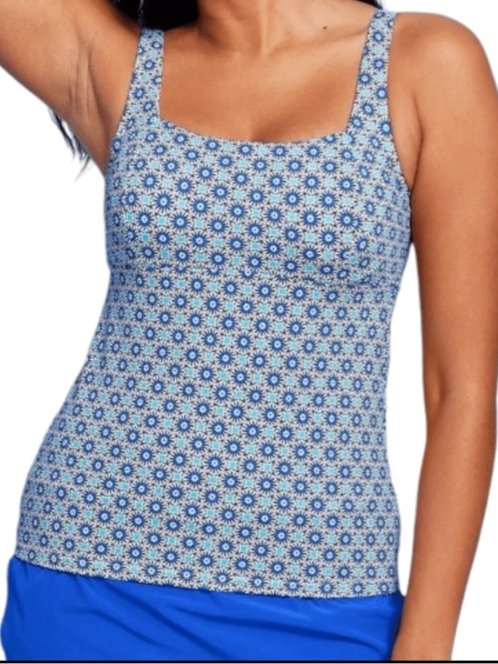 Lands End Tankini Top Swim Square Neck Blue Floral Geometric